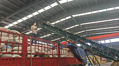 工厂厂区产品装车全景图，显示大颗粒吸水树脂的生产与发货准备