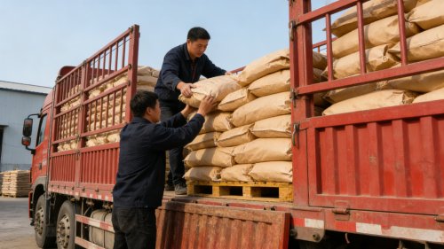 工厂厂区吸水树脂颗粒产品装车准备出货