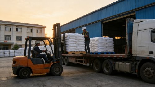 工厂生产的高效吸水树脂颗粒装车细节