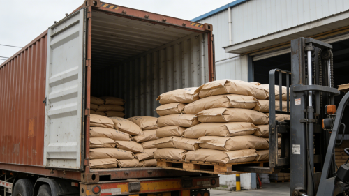 工厂厂区SAP吸水树脂饲料增湿产品装车现场整齐装载作业