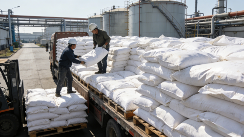 工厂装车区饲料增湿用SAP吸水树脂产品正在进行叉车装运作业