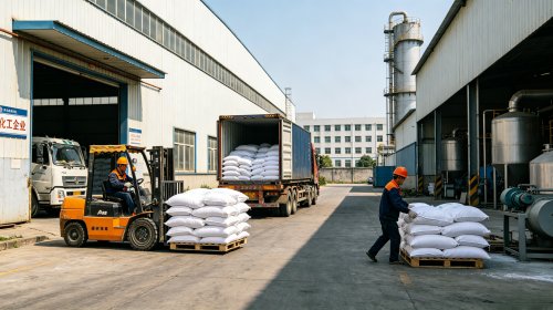 工人正在货车上码放整齐的保水剂，农业用吸水树脂与建材用纤维素醚分类明确批次稳定
