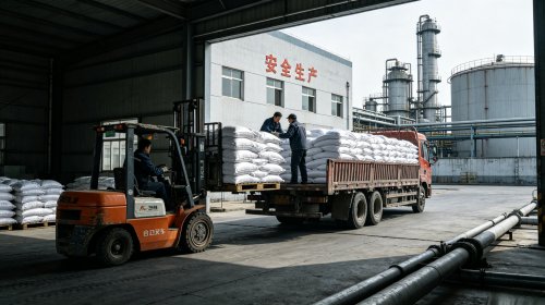 工人正在货车上码放整齐的有机无机复合SAP，批次交联密度与矿物分散度稳定，凝胶受压不破碎盐水保水不塌陷